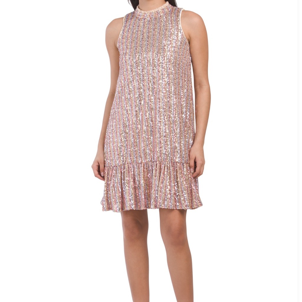 Julia Jordan Ruffle Mock Neck Sleeveless Sequin Swing Dress